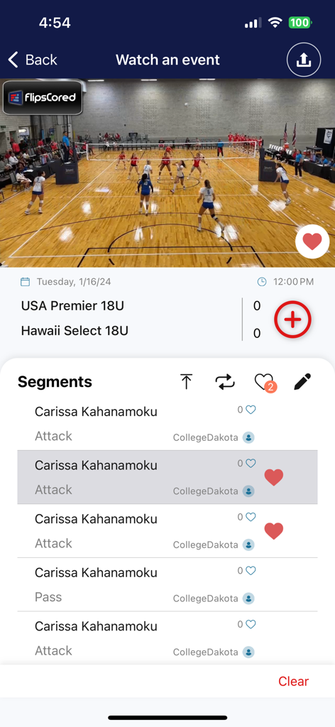 FlipsCored app screen showing a volleyball game video with a live scoreboard and tagged athlete play segments