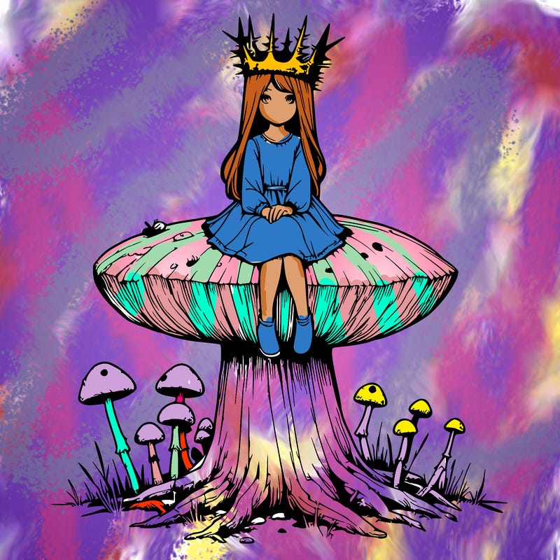 realistic girl sitting on a huge tree stump size toadstool with thorn crown