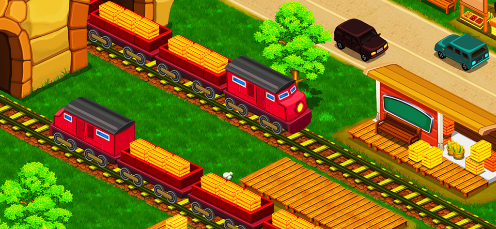 Farm City - Two red cargo trains on tracks carrying yellow crates near a train station in Farm City