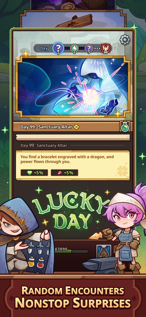Claw Quest: Roguelike RPG - A screenshot of Claw Quest showing a lucky day event at the sanctuary altar with character stat boosts and stylized characters.