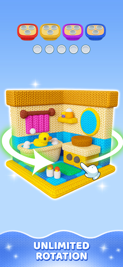 Yarn Sort 3D: Jam Puzzle - Una accogliente scena da bagno 3D realizzata con texture di filato lavorato a maglia con frecce di rotazione e cesti per lo smistamento in alto.