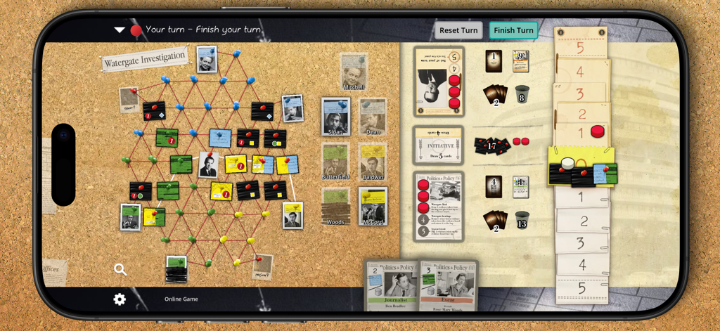 A mobile gameplay screen of Watergate: The Board Game featuring a strategy board and investigation pins.
