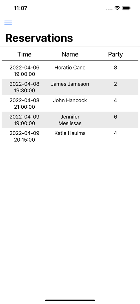 Five Star Restaurant Manager - Interface of the Five Star Restaurant Manager app showing a list of guest reservations including time, name, and party size.