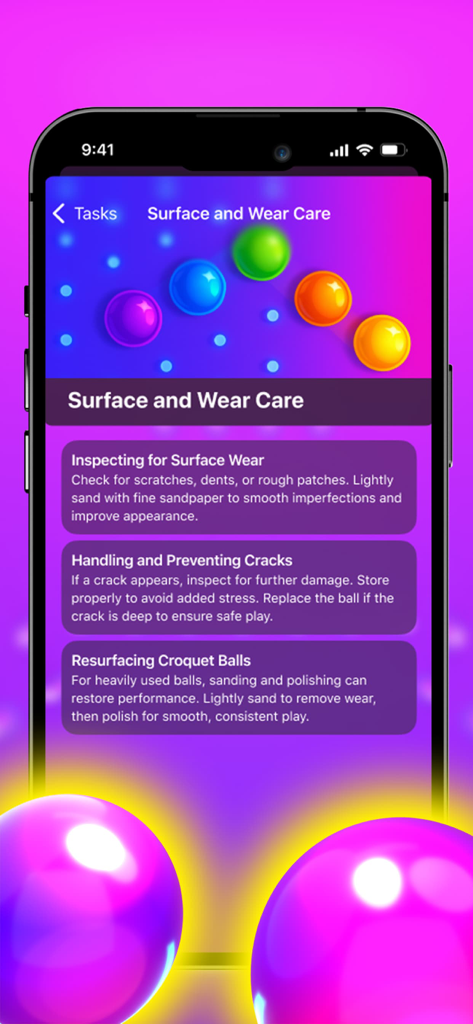Daily croquet ball diary - Maintenance screen for croquet ball surface and wear care including inspection and repair tips