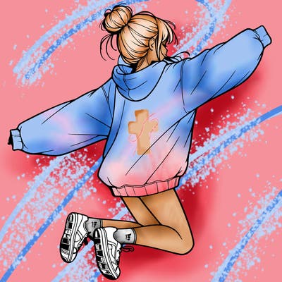 realistic girl jumping with a bun and oversized sweatshirt