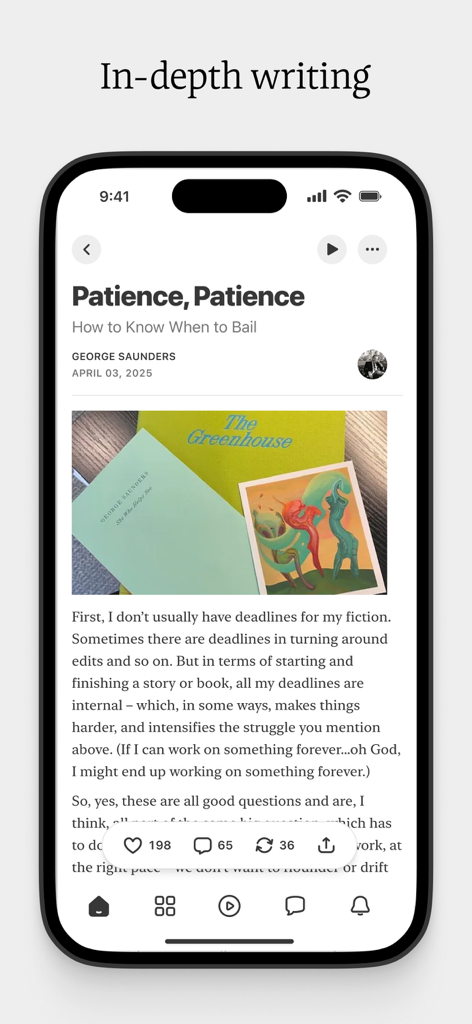 A smartphone displaying the Substack app with a long-form article titled Patience Patience by George Saunders under the heading In-depth writing