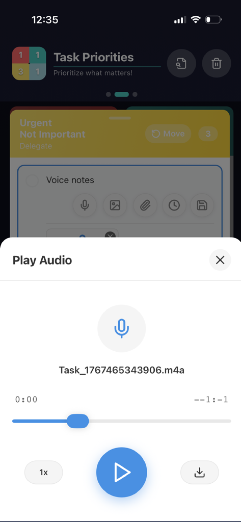 Quadrix - Quadrix app interface showing the audio playback screen for a task voice note