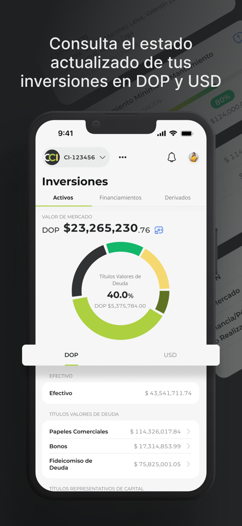 CCI Mobile - Pantalla de la aplicación CCI Mobile que muestra el portafolio de inversiones con saldo en DOP y USD