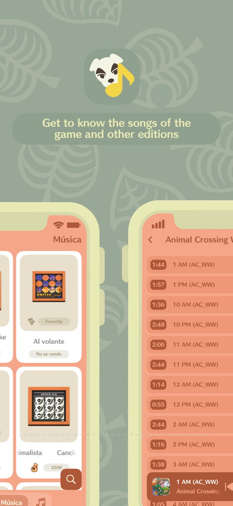 iNook - A screenshot of the iNook app showing the music catalog and song tracking feature for Animal Crossing music.
