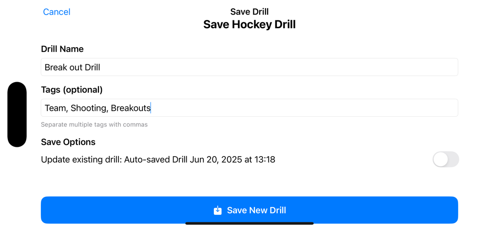 Ice Hockey Board Pro - Interface for saving a hockey drill in the Ice Hockey Board Pro app showing fields for drill name and tags