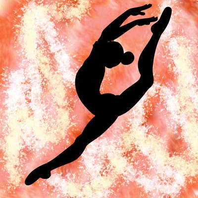 gymnast doing a leap in a leotard with a bent back leg
