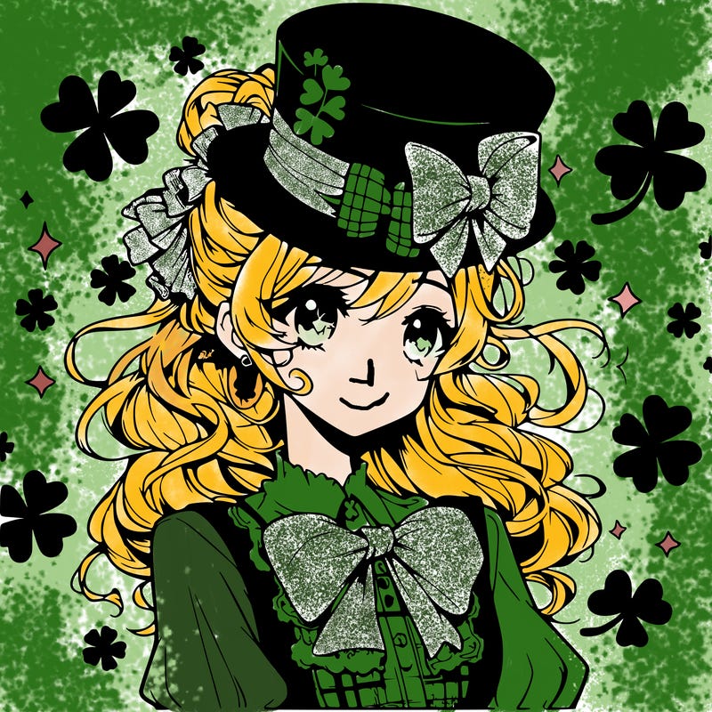a manga-style girl with clovers around her, a little hat in her hair, like it's saint patrick's day