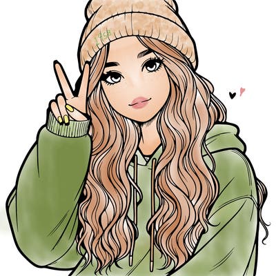 a teenage girl in a beanie, oversized sweatshirt, wavy long hair, and is showing a ✌️