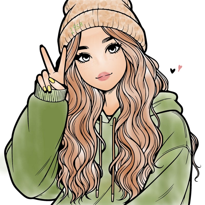 a teenage girl in a beanie, oversized sweatshirt, wavy long hair, and is showing a ✌️
