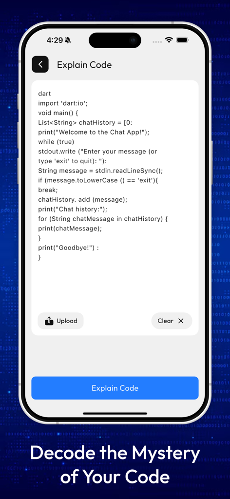 Mobile application screen showing the AI code explanation feature with a Dart code snippet