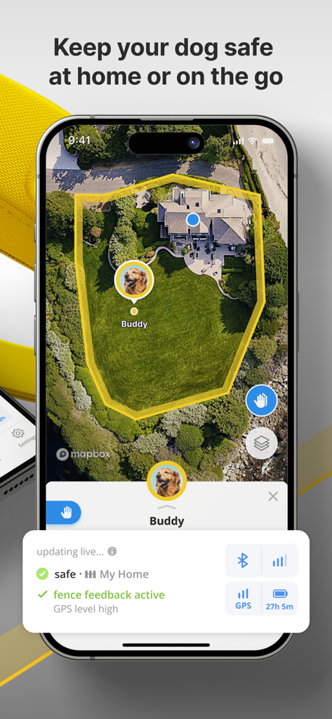 Interfaz de la aplicación Halo Collar con valla virtual y rastreo GPS del perro