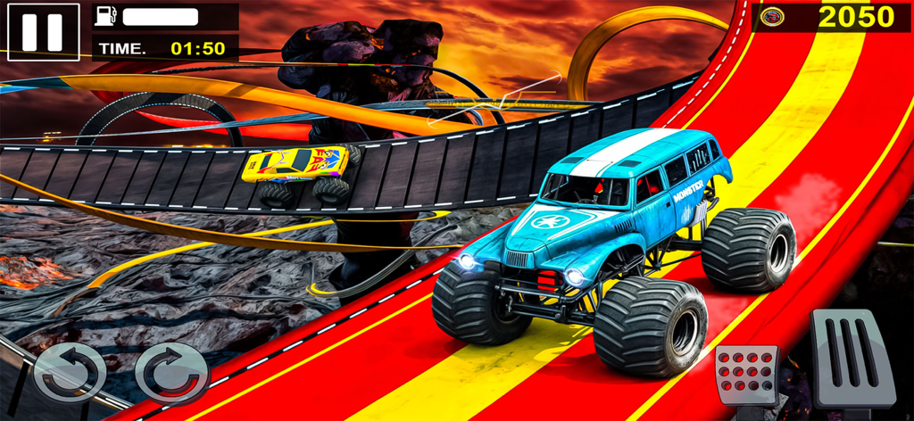 Monster Truck 4x4: Offroad MTD - A blue monster truck racing on a red and yellow stunt track with a volcanic lava background