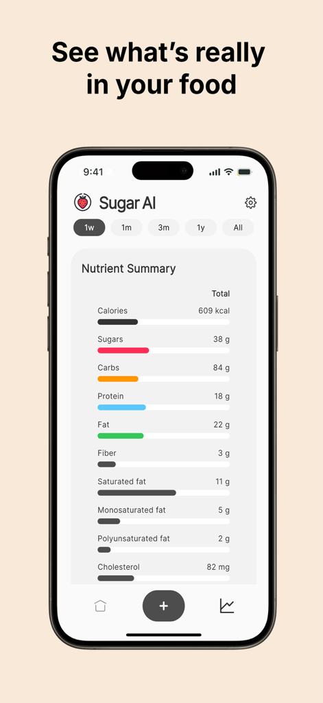 Nutrient summary dashboard in the Sugar Ai app showing daily calories sugars and macros