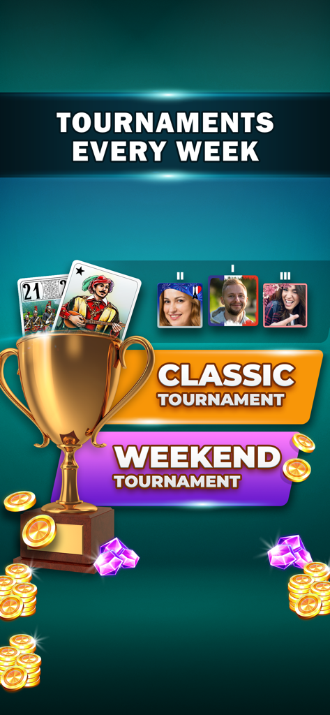Pantalla de torneos del juego de cartas en línea VIP Tarot mostrando las opciones de torneo clásico semanal y de fin de semana y un trofeo dorado