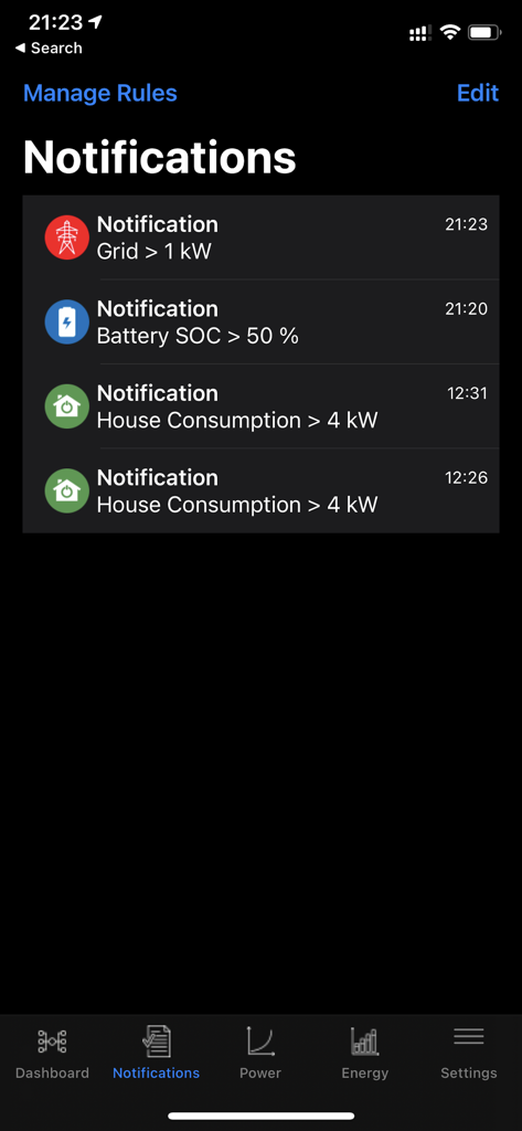 Autarkie Manager - Autarkie Manager app notifications screen showing alerts for solar battery status and house energy consumption