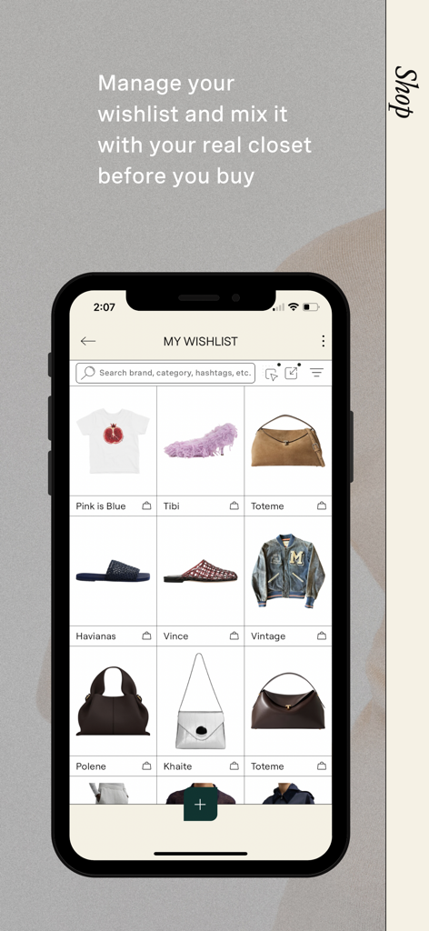 Interfaz de la aplicación Indyx mostrando una lista de deseos de moda personal con varias prendas y accesorios de alta gama