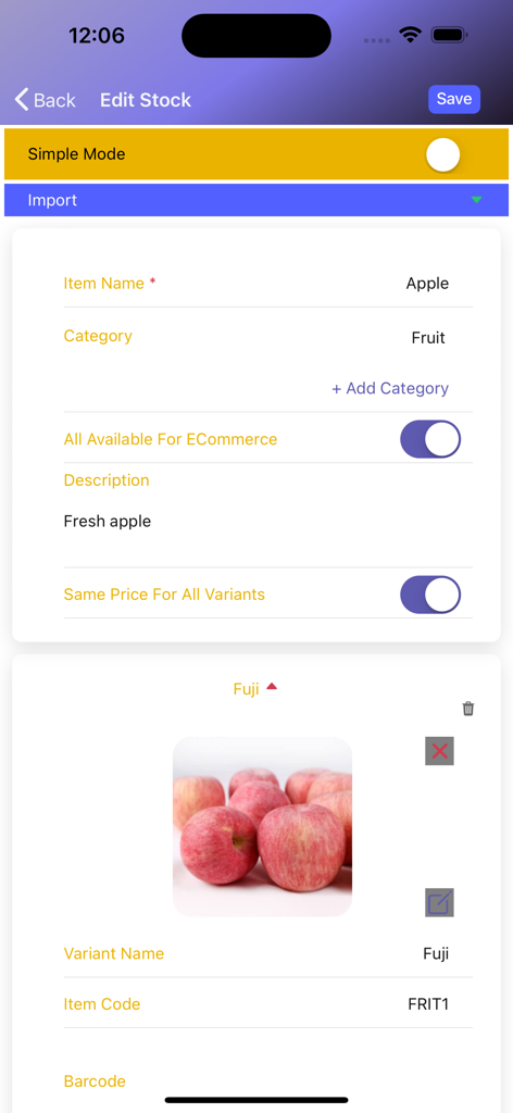 Ez POS - Online Cashier App - Ez POS interface for managing stock and product variants