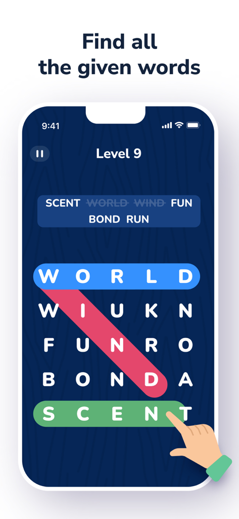 BrainSpot: Mental Test Games - Word search puzzle interface in BrainSpot app featuring a letter grid and highlighted words.