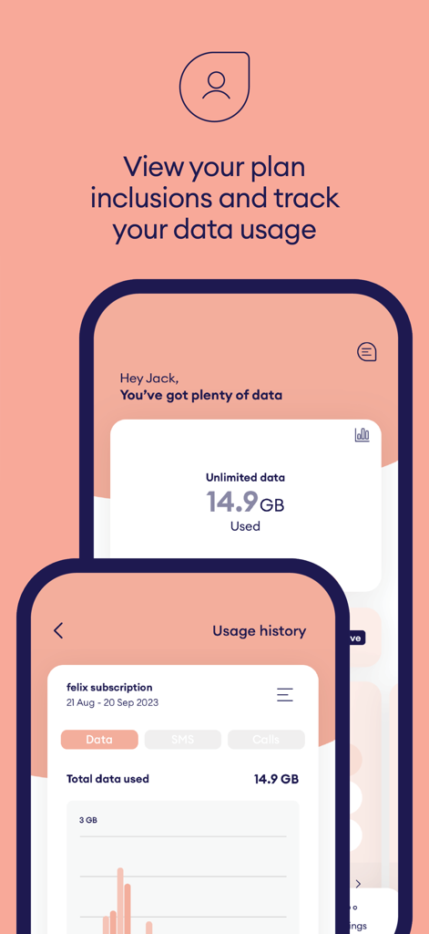 Screenshots of the felix mobile app showing data usage and history