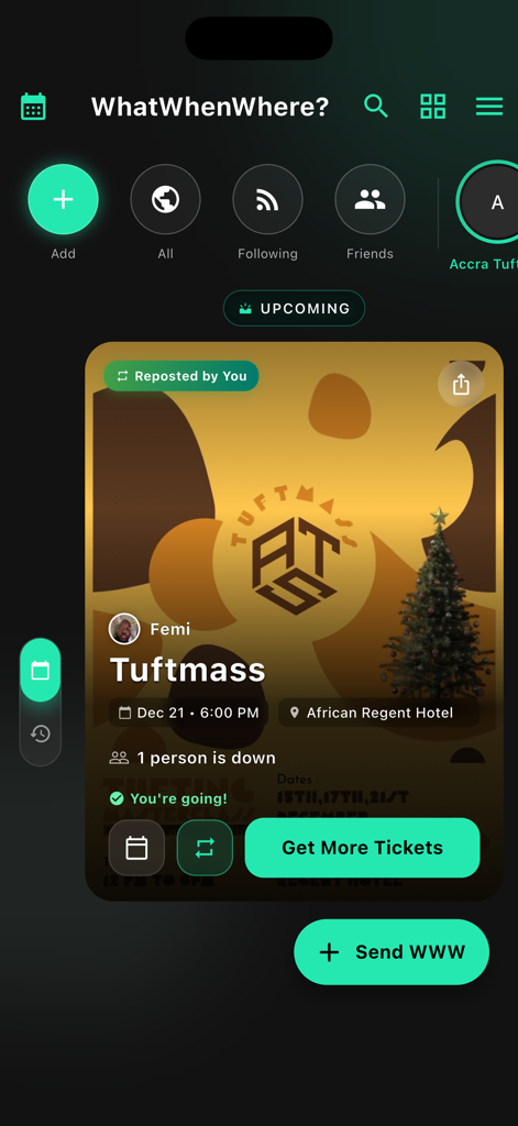 WhatWhenWhere? - Interface of the WhatWhenWhere app displaying details for a social event including date location and ticketing information