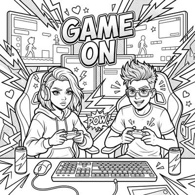 Get ready to color an epic gaming scene with this vibrant Pop Art design featuring teenage gamers in action. Perfect for adding a burst of color to their digital world, this page brings the excitement of online play to life.