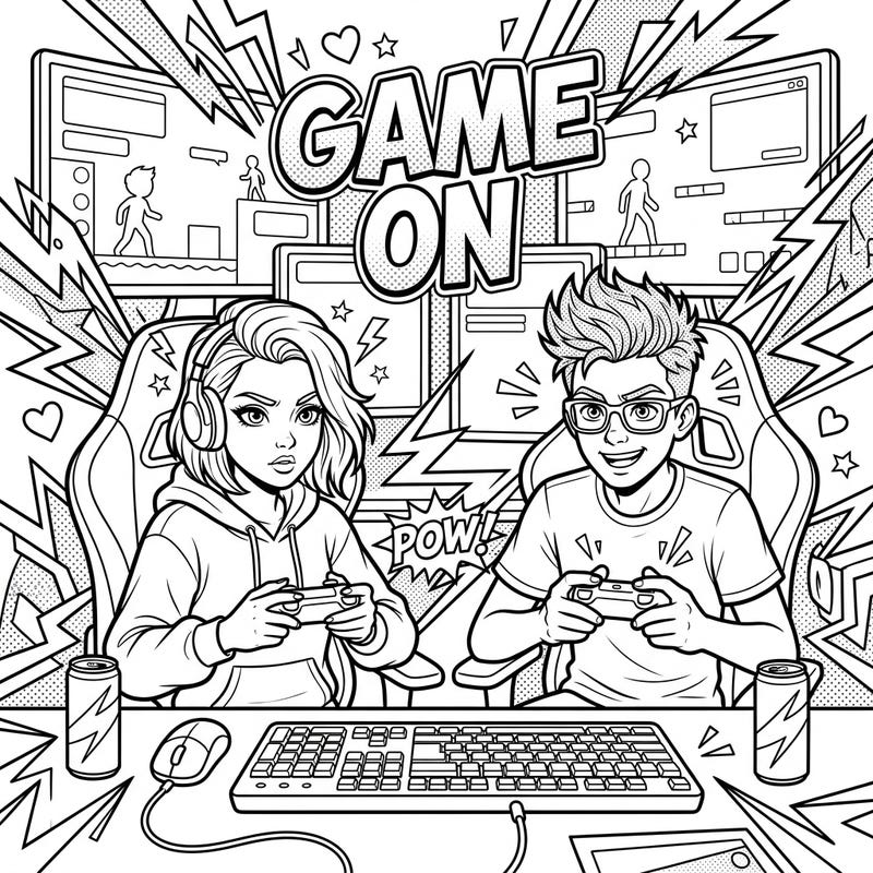 Get ready to color an epic gaming scene with this vibrant Pop Art design featuring teenage gamers in action. Perfect for adding a burst of color to their digital world, this page brings the excitement of online play to life.