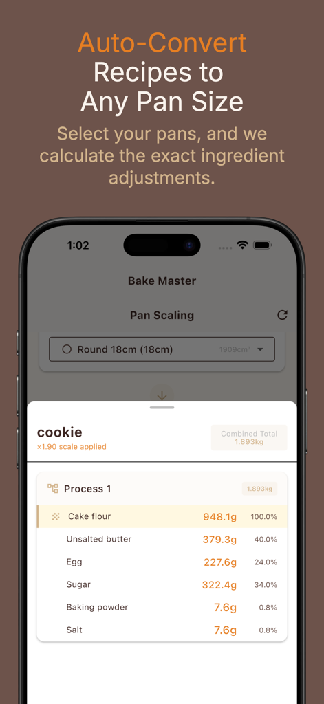 Bake Master: Baking Calculator - Eine mobile Oberfläche für Bake Master, die die Funktion zur Pfannenanpassung zeigt, die automatisch die Zutatenmengen für verschiedene Pfannengrößen umrechnet