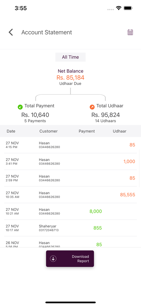 Udhaar Book – Digi Khata Book - Udhaar Book app account statement showing net balance and recent business transactions