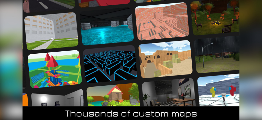 Nextbots Online: Sandbox - Uma grade mostrando uma variedade de mapas personalizados criados pela comunidade em Nextbots Online Sandbox