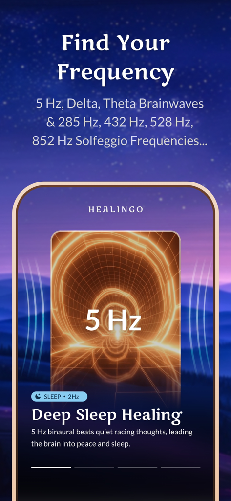 Healing Frequency Sleep Sounds - Healingo mobile app interface showing a deep sleep healing session with five hertz binaural beats and solfeggio frequencies