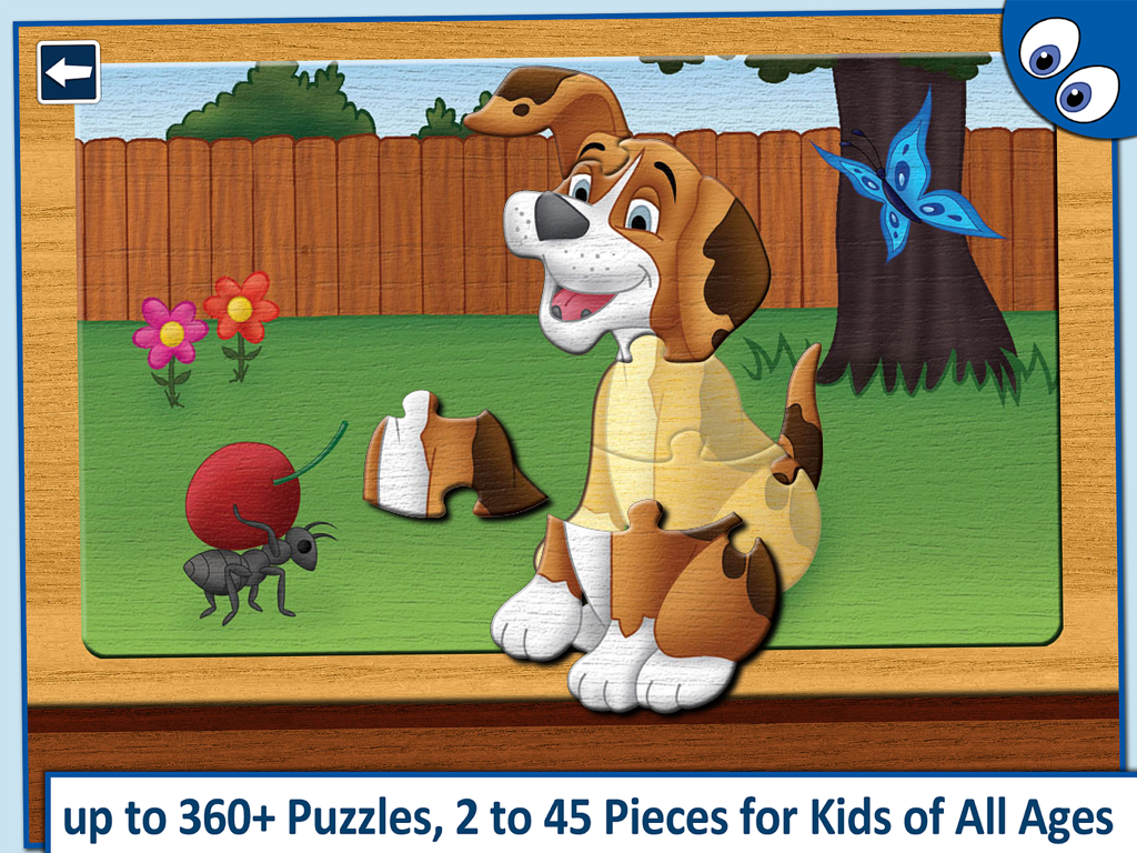 Jigsaw puzzle of a cartoon dog in a garden with an ant and a butterfly.