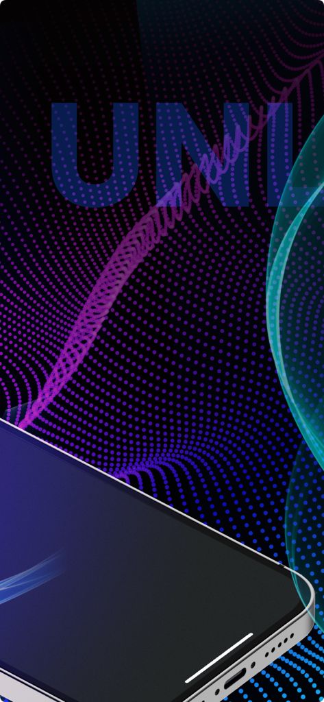 Gráfico abstracto de onda morada y azul con un teléfono inteligente para la aplicación de generación de poesía y rimas Clean-Flow