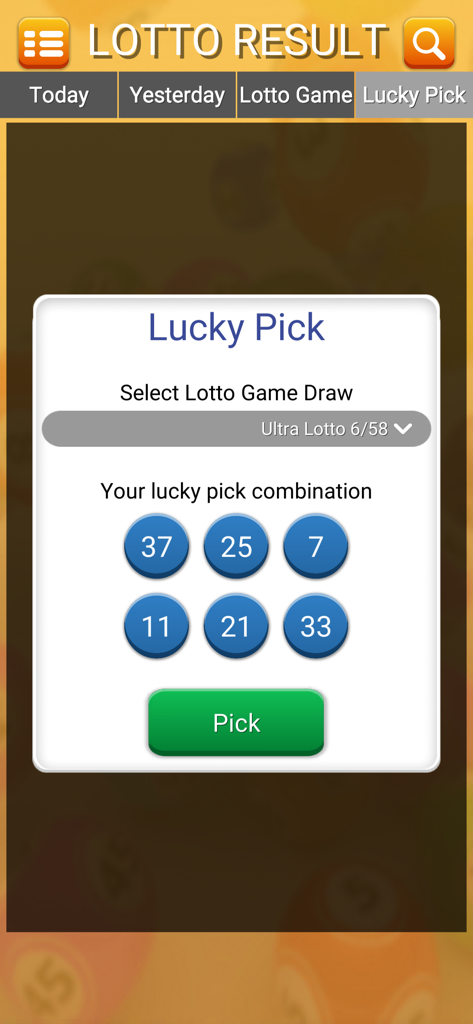 Pinoy Lotto Draw - Pinoy Lotto Draw app displaying a lucky pick combination for Ultra Lotto 6/58