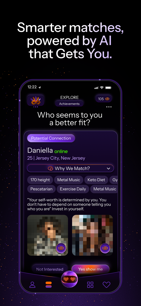 Schermata dell'app di incontri Mylo AI che mostra il profilo di un potenziale abbinamento con foto sfocate e tag di personalità.