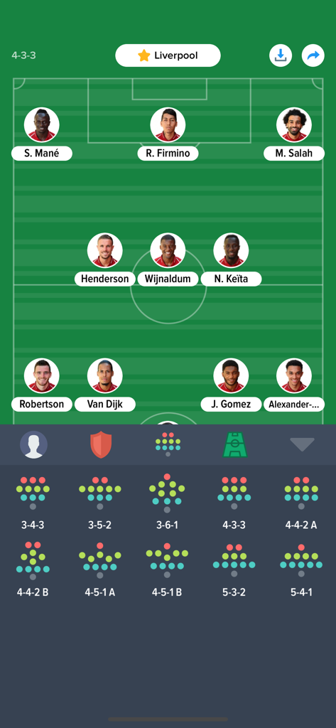 Tactics - Football Team Lineup - Application de composition de football montrant une formation 4-3-3 pour Liverpool avec des icônes de joueurs sur un terrain de football