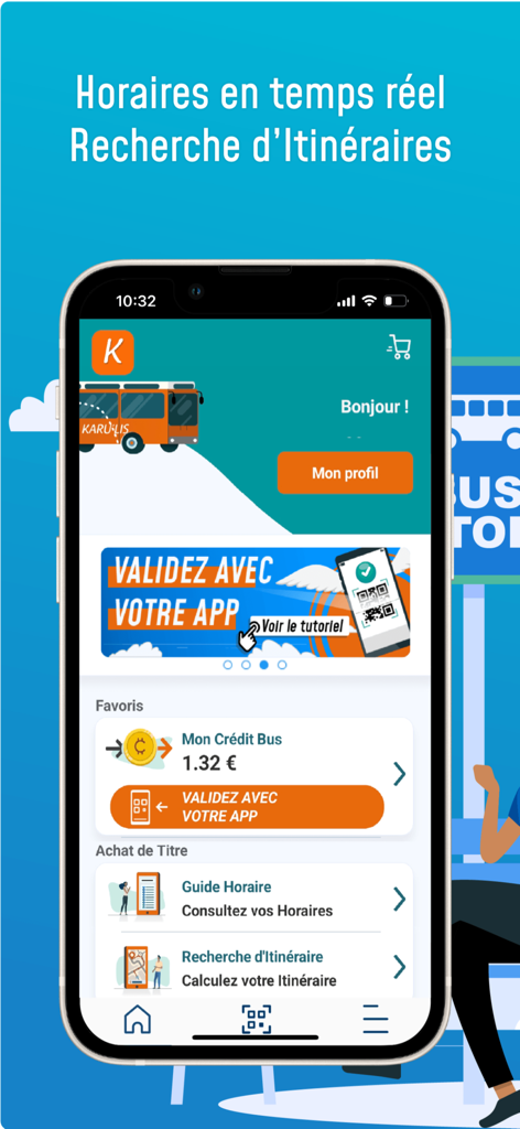 KARULIS - Karulis app home screen showing bus credits, ticket validation, schedule guide, and itinerary search