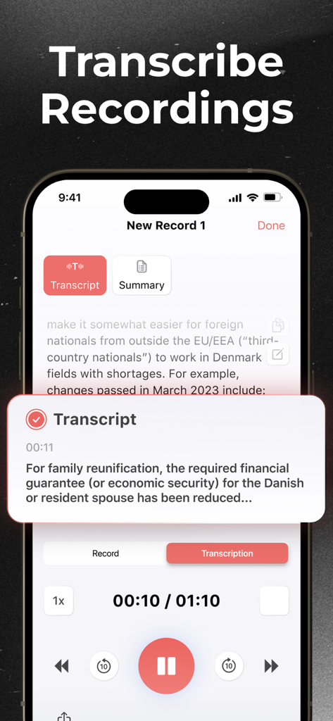 Voice Recorder app interface showcasing real-time audio to text transcription