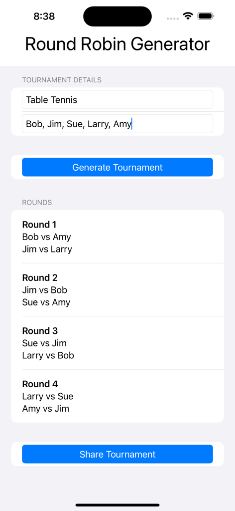 Round Robin 2 App-Oberfläche, die generierte Tischtennis-Turnierrunden und Paarungen zeigt