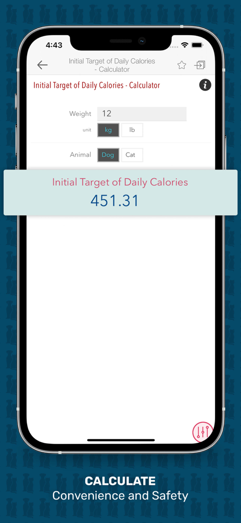Daily calorie calculator for dogs in the Veterinary Advisor app interface