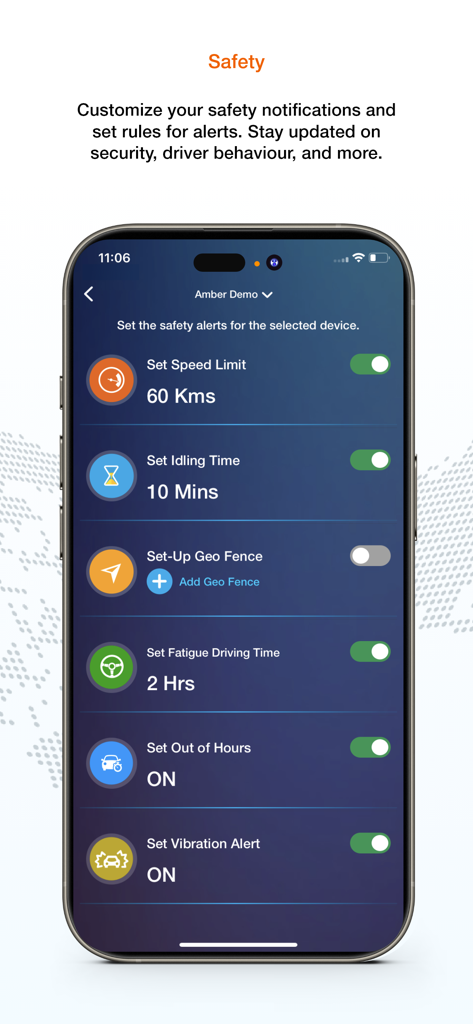 Safety alerts and driver behavior settings in the Amber Fleet Connect app interface