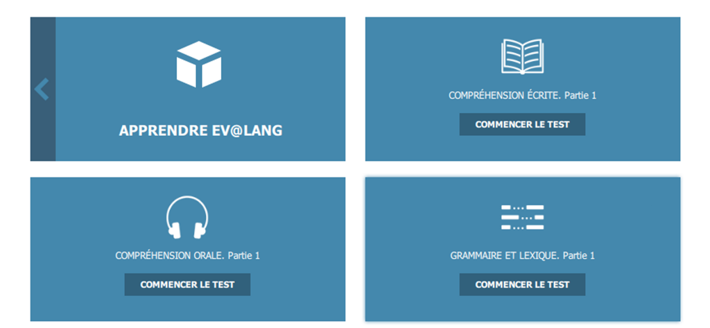 APPRENDRE Ev@lang - Main menu of APPRENDRE Ev@lang app showing buttons for reading comprehension, listening comprehension, and grammar test modules.