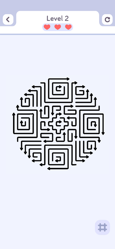 Un laberinto de lógica circular con flechas negras sobre un fondo blanco del juego móvil Arrow Flow Puzzle.