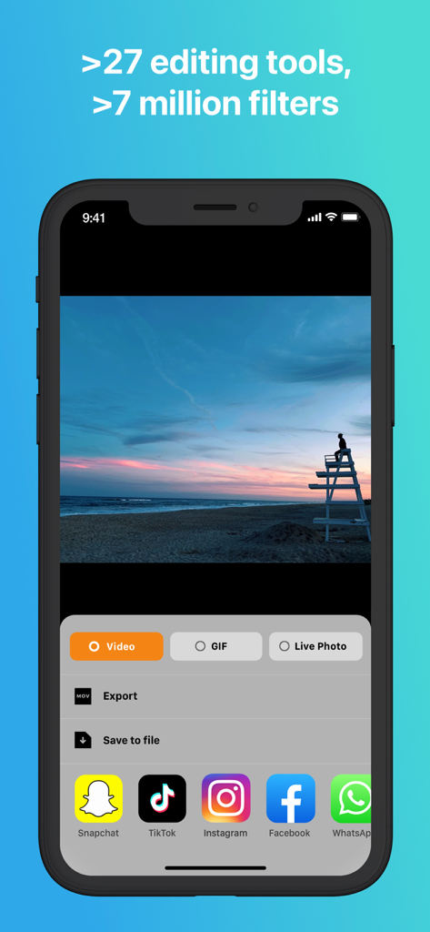 Giftr - GIF Maker - Smartphone screen showing Giftr app editing tools and export options to TikTok and Instagram