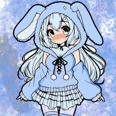 pretty anime girl wearing a fluffy hoodie with bunny ears on the hood and a skirt