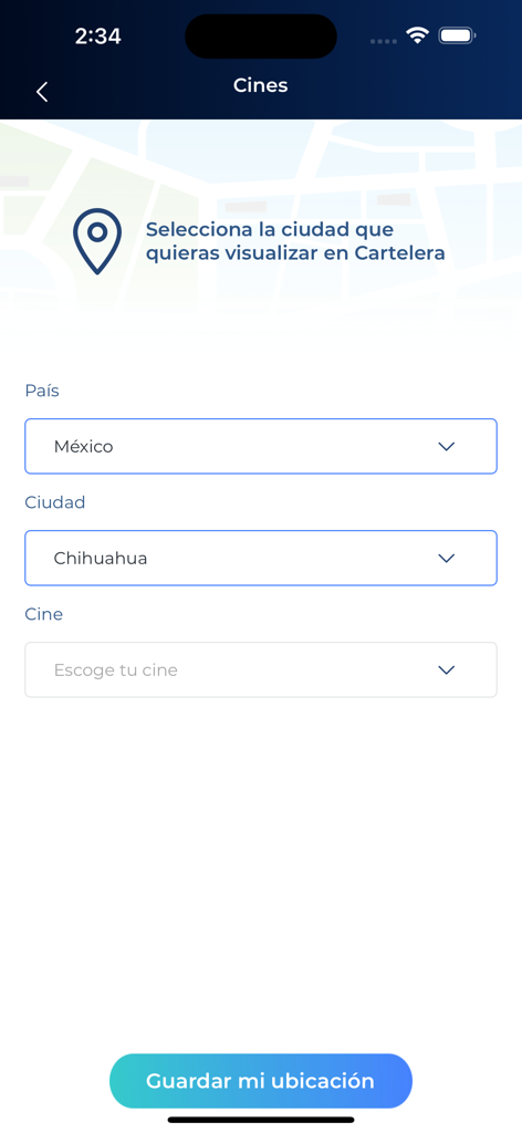 Pantalla de la app de Cinépolis con menús desplegables para seleccionar país, ciudad y ubicación del cine